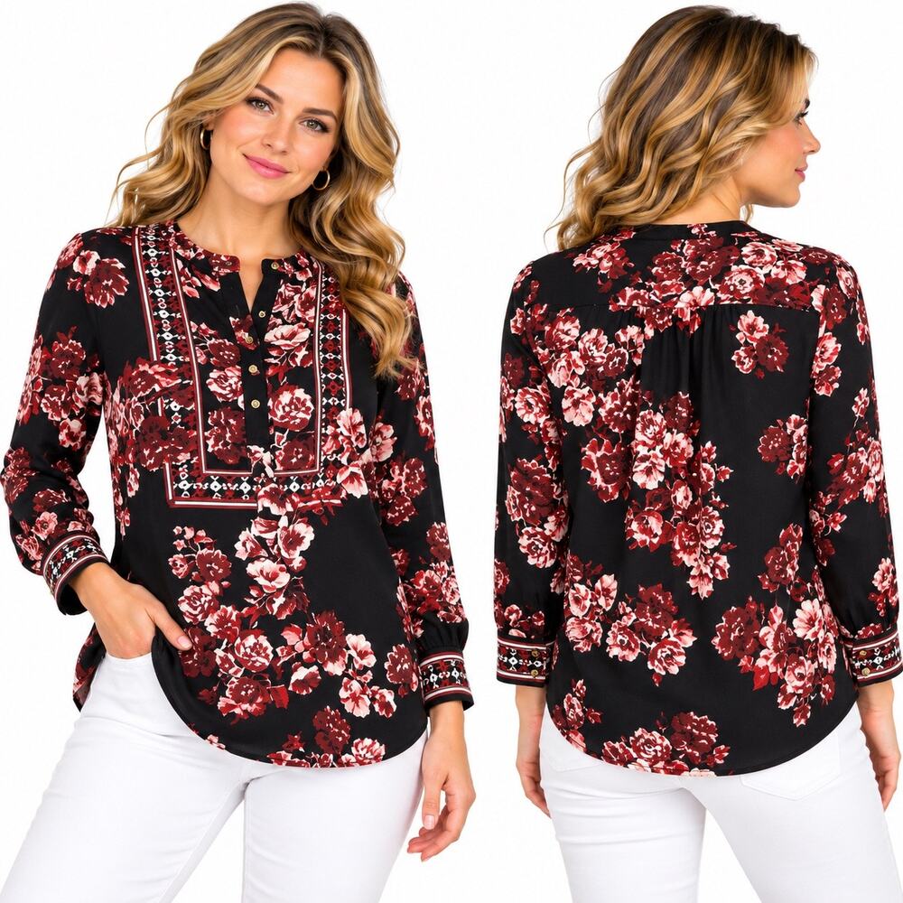 Charter Club NWT Black Red Floral Print Blouse Embroidered Style Petite Petite